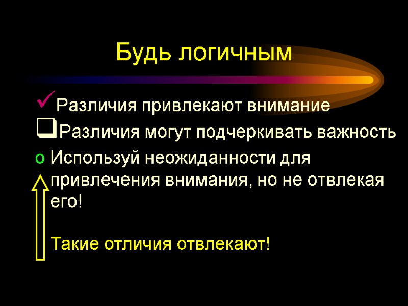 Будь логичным Различия привлекают внимание Различия могут подчеркивать важность Используй неожиданности для привлечения внимания,